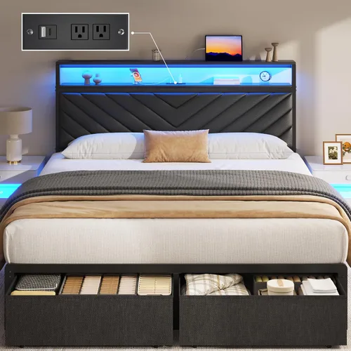 Vista 8 de Fluest Base de cama Queen con 2 cajones, cabecera tapizada con estación de almacenamiento y carga, luces LED, cajones de tela con ruedas, Gris