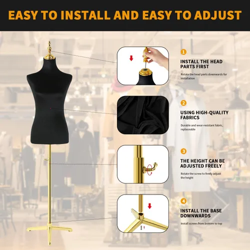 Vista 10 de Modista maniquí femenino: torso de medio cuerpo con altura ajustable, terciopelo corto negro esponjoso, base de metal dorado