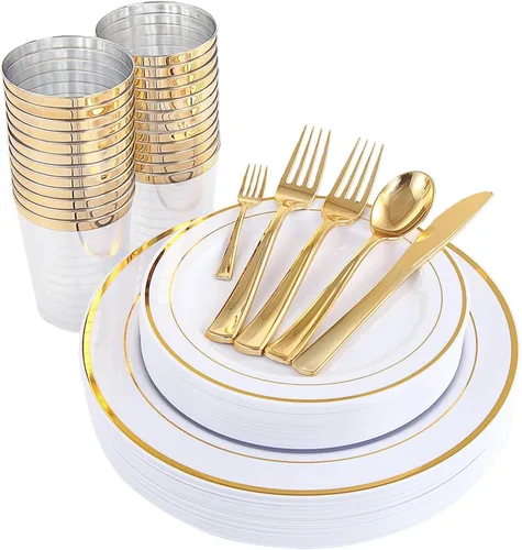 Vista 10 de WDF 25 platos azules para invitados con cubiertos desechables y vasos azules, vajilla de plástico transparente neón incluye 25 platos de cena