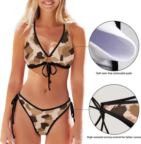 Vista 3 de Traje de baño de dos piezas para mujer, estampado animal, negro, blanco, sexy, traje de baño halter con cordón triangular, correa frontal, conjunto