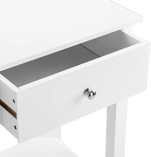 Vista 3 de Mesita de noche blanca con cajón, mesa auxiliar, mesa auxiliar, mesita de noche simple con almacenamiento de estantes, estantería pequeña, estante