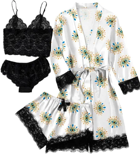 Vista 9 de LYANER Conjunto de pijama sexy de satén de seda para mujer Azul (Blue Print)