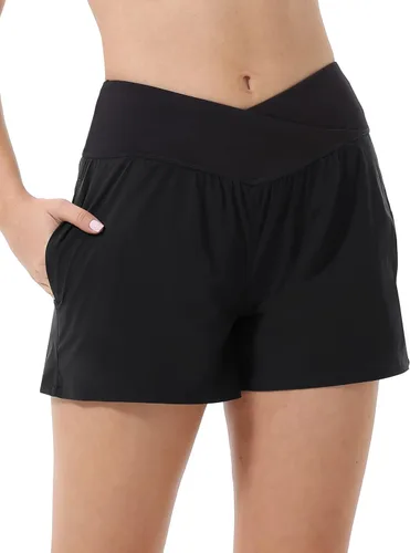 Vista 2 de HARTPOR Pantalones cortos deportivos 2 en 1 de secado rápido para mujer, cintura cruzada con bolsillos, forro de malla para entrenamiento, gimnasio