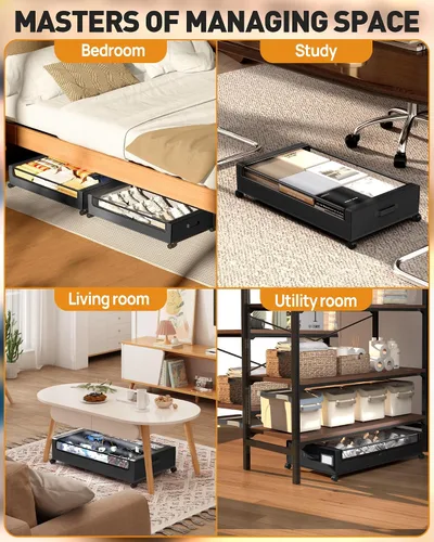 Vista 2 de Almacenamiento debajo de la cama, almacenamiento debajo de la cama con ruedas, almacenamiento debajo de la cama para ropa, mantas, zapatos... Negro
