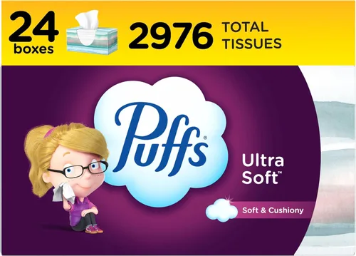 Vista 14 de Puffs - Pañuelos faciales ultra suaves, 1 caja de tamaño familiar, 124 pañuelos faciales por caja