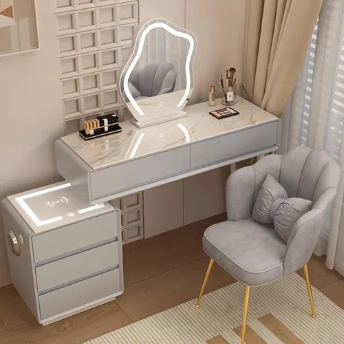 Vista 8 de Tocador con espejo con luces, mesa de tocador con cajones, mesa de maquillaje blanca, 3 modos de iluminación de brillo ajustable, para dormitorio