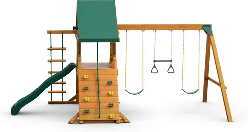 Vista 11 de Gorilla Playsets 01-1059-AP Juego de columpios de madera de punto alto con toldo de vinilo verde, dos columpios, pared de escalada en roca, tobogán