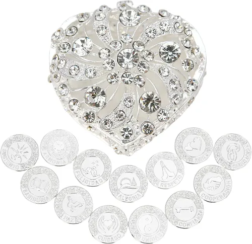 Vista 9 de TINGKU 13 palabras españolas Las Arras para Boda Católica, juego de monedas de unidad de boda con caja en forma de corazón, accesorios Bodas