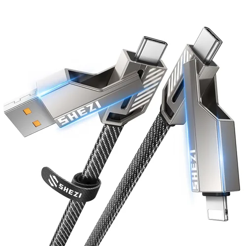 Vista 8 de Cable USB C ultra corto 4 en 1 de 0.6 pies compatible con cable Lightning [carga rápida y transferencia de datos] cable de carga plano trenzado