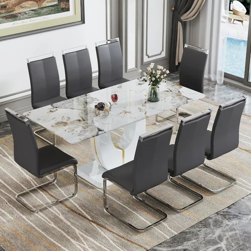 Vista 34 de JUFU Juego de mesa de comedor moderno para 4, juego de mesa de cocina rectangular de 63 pulgadas con mesa de mármol sintético y 4 sillas tapizadas