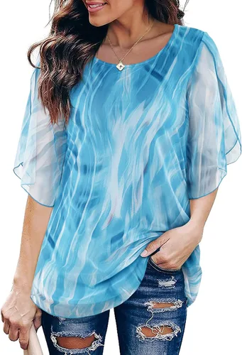 Vista 3 de SeSe Code - Blusa de malla para mujer con volantes y manga 34 holgada y elástica