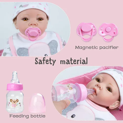 Vista 4 de Ropa de muñeca Reborn con moisés y accesorios de pañales reutilizables, juego de 10 piezas para muñecas de bebé de 17 a 22 pulgadas, muñecas rosadas