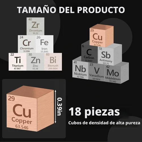 Vista 2 de 18 piezas de cubos de densidad de elementos metálicos 99.99% de alta pureza, colección de tabla periódica de elementos para colecciones de elementos