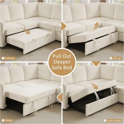Vista 5 de Sofá Seccional Cama de 111 pulgadas con Cama Extraíble, Sofá Modular de 6 Asientos en Forma de U con Chaise de Almacenamiento, Sofá Seccional