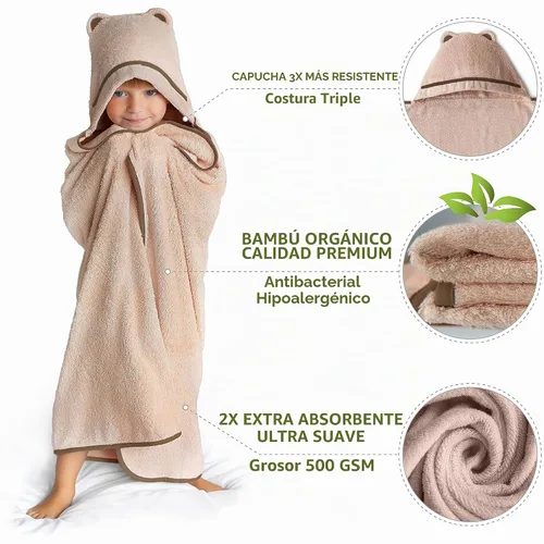 Vista 2 de Toallas prémium con capucha para niños pequeños, toalla de baño de rayón extra suave de bambú (beige)