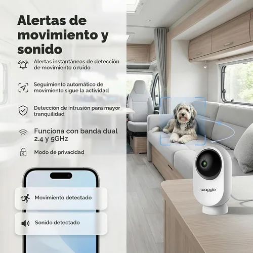 Vista 2 de Waggle Mini cámara RV – Cámara de seguridad inalámbrica HD de 1080p para caravanas – Tarjeta SD integrada (128 GB), audio bidireccional, visión