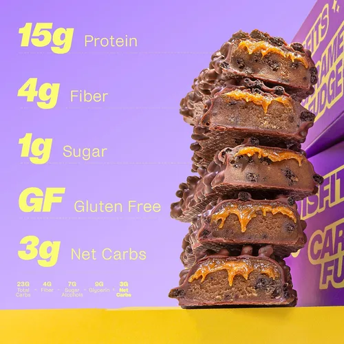 Vista 4 de Misfits Barras de proteínas veganas, paquete de chips de chocolate con caramelo y menta, paquete de 24