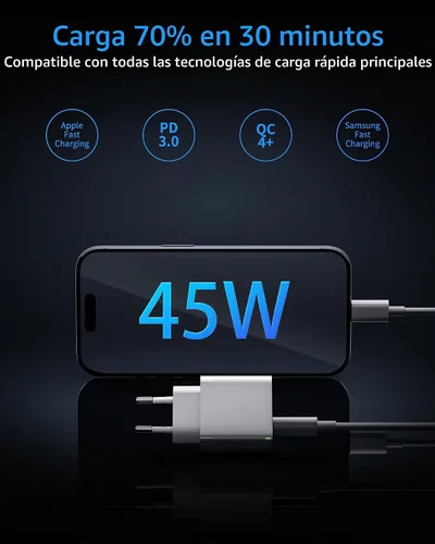 Vista 2 de adaptador europeo del enchufe del viaje 45W, cargador rápido del USB C del convertidor de corriente de 2 puertos