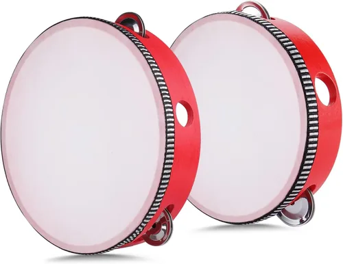 Vista 29 de Flexzion Pandereta de madera de mano para adultos de 6 pulgadas, doble fila de 8 pares de jingles (rojo) - Instrumento musical de pandereta redonda