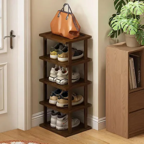 Vista 15 de Zapatero vertical – Organizador de zapatos alto y estrecho para espacios pequeños, estante de bambú de 5 niveles para entrada, armario, esquina