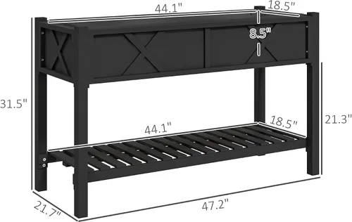 Vista 7 de Outsunny - Jardinera elevada de madera con estante de almacenamiento, orificios de drenaje y forro para el patio trasero, la terraza, el balcón, 47