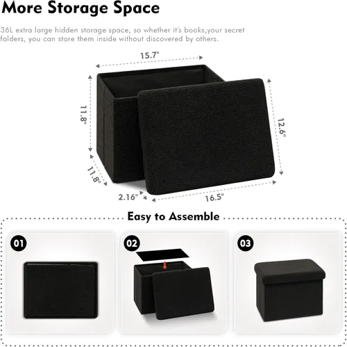 Vista 3 de B FSOBEIIALEO - Otomana de almacenamiento en forma de cubo pequeña, reposapiés de Sherpa, otomanas plegables portátiles de bouclé, piel sintética