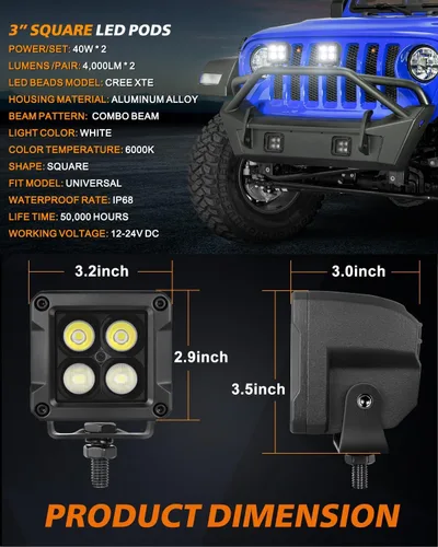 Vista 2 de Cubitos LED, 3 pulgadas, 80 W, CREE LED Pods 3x3, combo de inundación puntual para todoterreno, luces de conducción antiniebla para camión