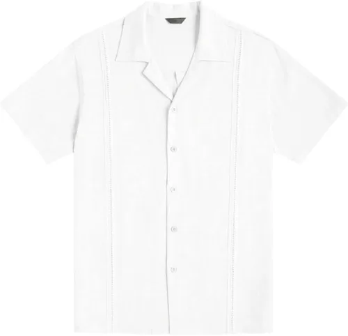 Vista 5 de Camisas de guayabera para hombre, estilo casual, de lino, algodón, con botones, manga corta, cuello de playa, a la moda, Blanco
