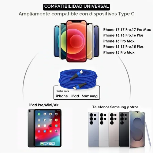 Vista 8 de Cargador USB C extralargo de 15 pies, cable C a C de 100 W, cable USB-C de Azul
