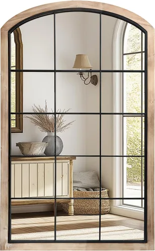 Vista 8 de Espejo de ventana de arco, 48 x 30 pulgadas, espejo de pared de arco de granja, espejo rústico con marco de madera, marco interior de metal, Natural