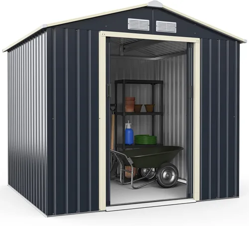 Vista 10 de Goplus Cobertizo de almacenamiento, organizador de metal de 7 x 4 pies, para exteriores, con 4 rejillas de ventilación y doble puerta corrediza