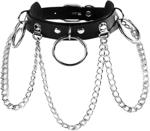 Vista 2 de Gargantilla de cuero con correa de cadena para adolescentes, punk gótico Y2K, accesorios de cosplay, tres anillos o y dijes de cadenas