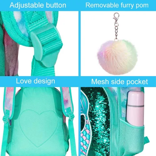 Vista 5 de 3 mochilas para niñas, 16 pulgadas con lentejuelas para preescolar y lonchera