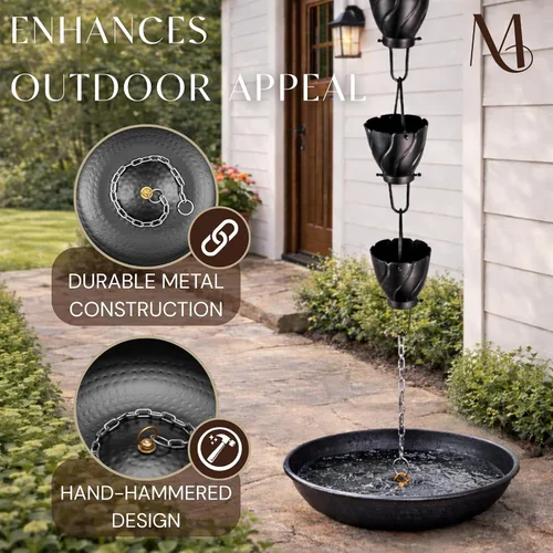 Vista 2 de Monarch Rain Chains Cuenca de Cadena de Lluvia – Cuenco de Anclaje Martillado a Mano de 12 Pulgadas para Canalones, Cuenca de Anclaje Decorativo