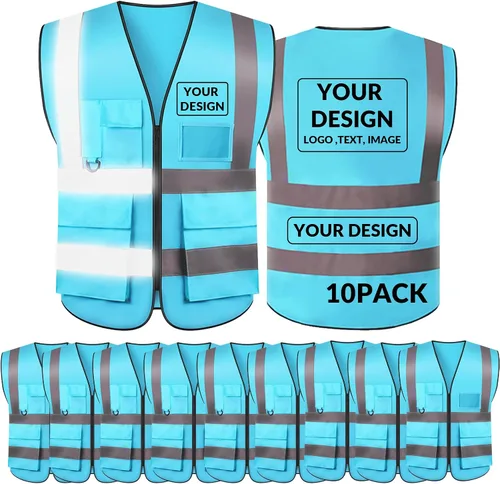 Vista 29 de BeautyWill Chaleco de seguridad con logotipo personalizado, Hi Vis Clase 2, chaleco reflectante de construcción unisex con 5 bolsillos