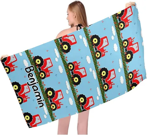 Vista 5 de Toalla de playa personalizada con patrón de tractores verdes con alfombrilla de nombre de 30 x 60 pulgadas, manta grande de piscina para mujeres