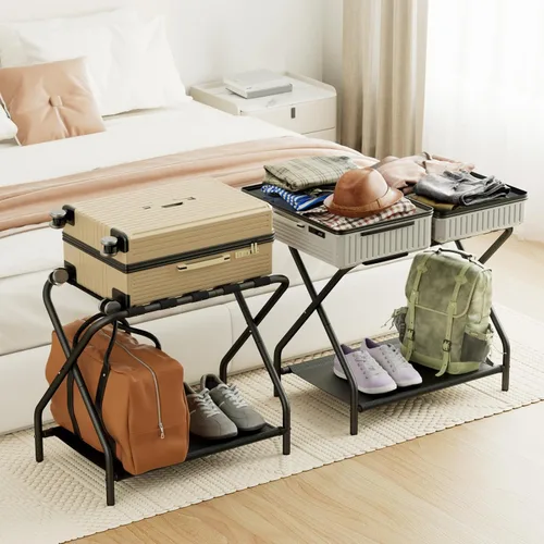 Vista 2 de AMHANCIBLE Portaequipajes, juego de 2, soportes plegables para maleta para habitación de invitados, soporte de equipaje de metal con estante