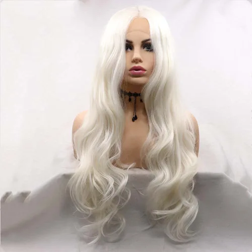 Vista 2 de 1001 #Color sintético rubio blanco encaje frente pelucas para mujeres pelo rubio platino largo cuerpo onda peluca resistente al calor fibra larga