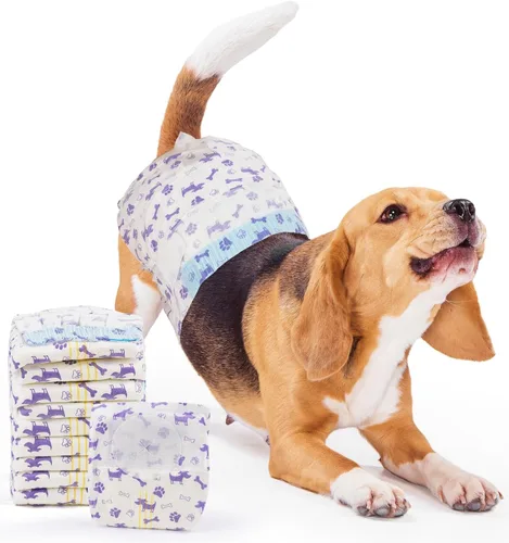 Vista 13 de MICOOYO Pañales Desechables para Perras, Pañales para Perras, Pañal para Mascotas Súper Absorbente con Agujero de Cola de Espuma para el Celo, Pañal