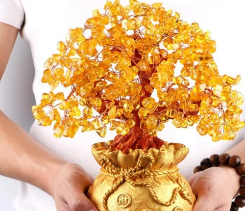 Vista 6 de Figuras, estatuas/adornos de Feng Shui, árbol de dinero de cristal geloso, árbol de dinero de cuarzo con piedras preciosas para decoración del hogar