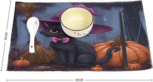 Vista 2 de Halloween Cat Pumpkin Lantern Placemats Set of 6 Resistant Table Mats Washable Place Mats for Dinner Party Table Decoration