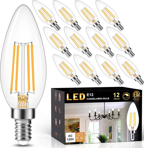 Vista 9 de Cotanic Bombilla LED regulable para candelabro de 2700 K, luz blanca cálida, base E12, equivalente a 60 W, bombilla tipo B con forma de vela