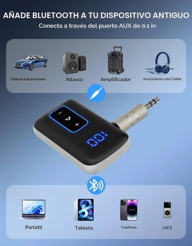 Vista 6 de Receptor AUX Bluetooth 5.3 para coche, pantalla LED, cancelación de ruido 3.5mm AUX Bluetooth Adapter for Home Stereo/Wired Headphones/Speaker