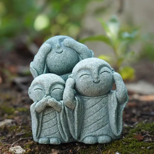 Vista 15 de OwMell Estatua de monje japonés de Jizo, figura de Buda Jizo, estatua conmemorativa del acuario, adorno de flores de hierro