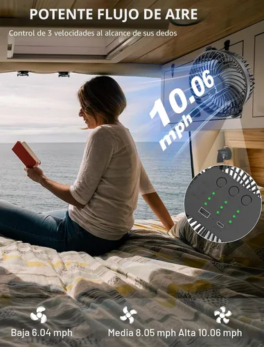 Vista 3 de Ventilador magnético aprobado para cruceros, ventilador de viaje con batería de 12000 mAh con 5 velocidades, linterna LED, temporizador, se pega