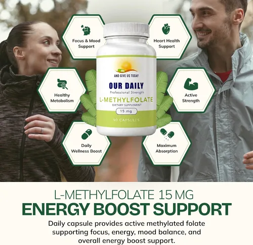Vista 4 de Our Daily Vites, L-metilfolato de 15 mg - Suplemento activo de folato metilado 5-MTHF para mujeres y hombres - Folato de metilo para la salud
