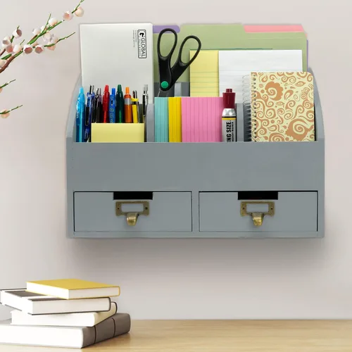 Vista 5 de Organizador de escritorio de madera, 6 compartimentos y 2 cajones, estante de suministros - gris sólido