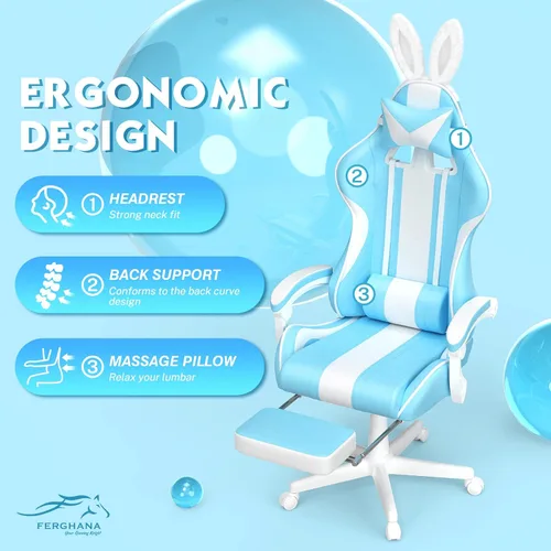 Vista 5 de Ferghana - Silla de juego Kawaii en azul claro con orejas de conejo, silla Gamer ergonómica y linda con reposapiés y masaje, silla de juego