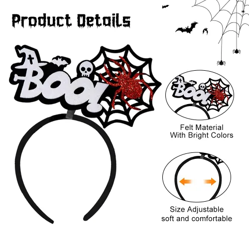 Vista 5 de TIMMOKO Diademas de Halloween para mujeres y niños, tela de araña negra, araña roja, blanco, murciélago, calavera, disfraz de fiesta de Halloween