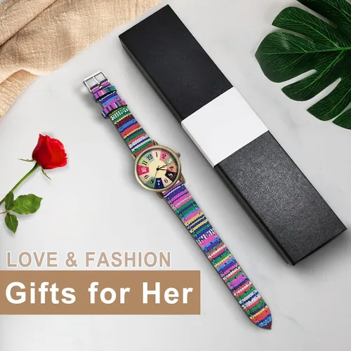 Vista 7 de Relojes para mujer - Boho Hippie para mujer, reloj arcoíris tejido de piel sintética